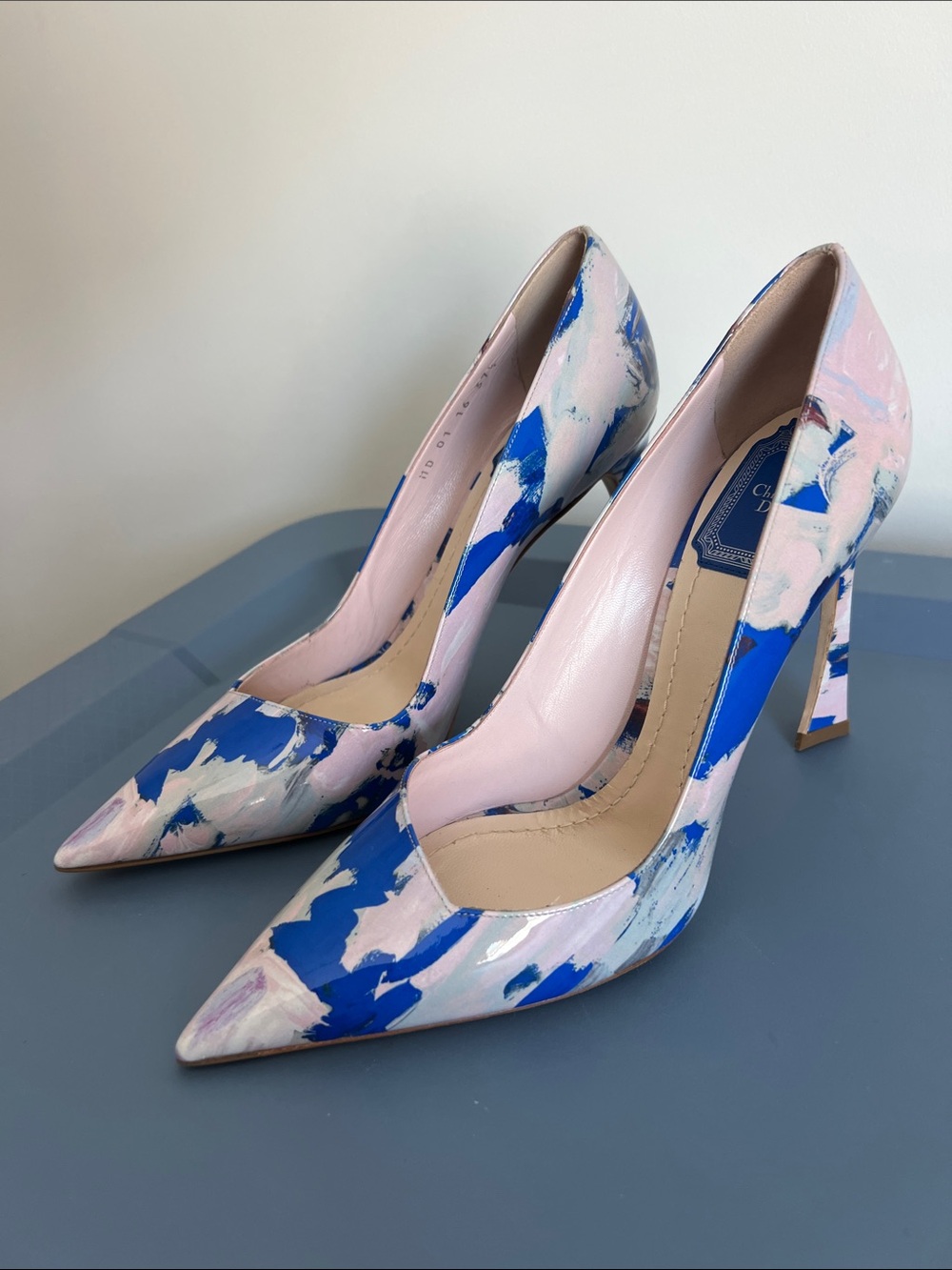Christian Dior cherie pointed toe pumps heels pink and blue multicolor paint